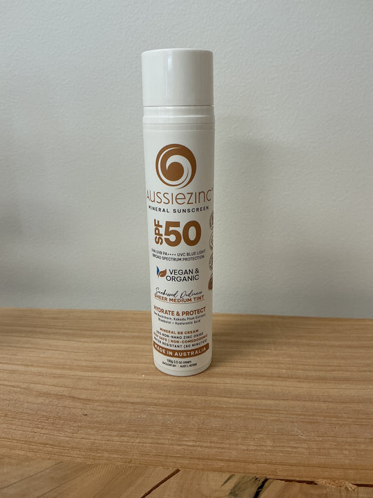 Aussie Zinc Sheer Medium Tint SPF50+ Hydrating Organic Mineral Zinc Sunscreen BB Cream